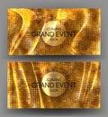 Gold invitation banners with textured pleated fabric.