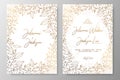 Gold invitation with frame of leaves. Gold cards templates for save the date, wedding invites, greeting cards, postcards, thank yo