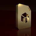 Gold Isometric cube file icon isolated on brown background. Geometric cubes solid icon. 3D square sign. Box symbol