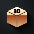 Gold Isometric cube icon isolated on black background. Geometric cubes solid icon. 3D square sign. Box symbol. Long