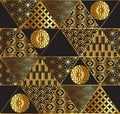 Gold Japanese motif pattern collage. Black background decorative triangle patchwork.