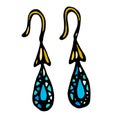 Gold Jewellery Earrings With Blue or Turquoise Gemstones Drop Shape. Isolated On a White Background Doodle Cartoon Royalty Free Stock Photo