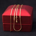 Gold jewelry chain on a red gift box. Dark velvet Royalty Free Stock Photo