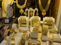 Gold jewelry in the display window Royalty Free Stock Photo