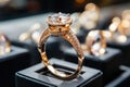 Gold jewelry and exquisite diamond rings exhibited in opulent store