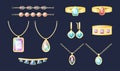 Gold jewelry women jewelry with precious stones and diamonds. Set of vector cartoon isolated expensive treasure with Royalty Free Stock Photo