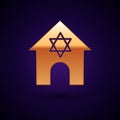 Gold Jewish synagogue building or jewish temple icon isolated on black background. Hebrew or judaism construction with