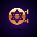 Gold Jewish synagogue building or jewish temple icon isolated on black background. Hebrew or judaism construction with