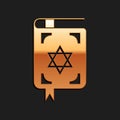 Gold Jewish torah book icon isolated on black background. Book of the Pentateuch of Moses. On the cover of the Bible is Royalty Free Stock Photo