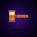 Gold Judge gavel icon isolated on black background. Gavel for adjudication of sentences and bills, court, justice