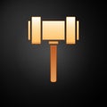 Gold Judge gavel icon isolated on black background. Gavel for adjudication of sentences and bills, court, justice