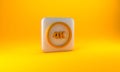 Gold 4k Ultra HD icon isolated on yellow background. Silver square button. 3D render illustration