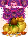 Gold Kalash with decorated diya for Happy Dhanteras Diwali festival holiday celebration of India greeting background