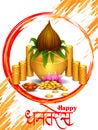 Gold Kalash with decorated diya for Happy Dhanteras Diwali festival holiday celebration of India greeting background