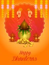 Gold Kalash with decorated diya for Happy Dhanteras Diwali festival holiday celebration of India greeting background