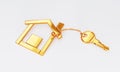 Gold key chain with golden modern house shape key holder on white background. Business construction and architecture concept. 3D Royalty Free Stock Photo