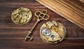 Gold key and clockworks, escape room game banner