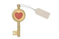 Gold key and heart Isolated On White Background, 3D rendering. 3D illustration Royalty Free Stock Photo
