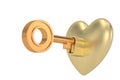 Gold key and heart Isolated On White Background, 3D rendering. 3D illustration Royalty Free Stock Photo