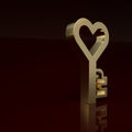 Gold Key in heart shape icon isolated on brown background. Happy Valentines day. Minimalism concept. 3D render Royalty Free Stock Photo