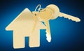 Gold key with house keyring 3D rendering