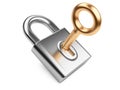 Gold key in metal padlock