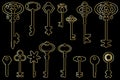 Gold keys on a black background. Set of yellow keys. Guard symbol. Vintage vector illustration. Stock image Royalty Free Stock Photo