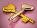 Gold keys with heart shapes on pink background. 3D illustration