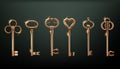 Gold keys. Old golden lock for vintage or antique classic home door with luxury medieval metal ornate different forms
