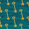 Gold keys ornament seamless doodle pattern. Turquoise background with strips. Decoration latchkey backdrop Royalty Free Stock Photo