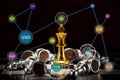 Gold king chess surrounded by a number of fallen silver chess pi Royalty Free Stock Photo