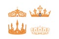 Gold king and queen crown vector illustration, imperial symbol, wealth and authority trophy set