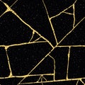 Gold kintsugi crack vector seamless pattern background. Golden irregular joined lines on black backdrop. Japanese art