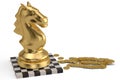The gold knight chess piece with coins on white background.3D il