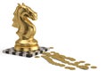 The gold knight chess piece with coins on white background.3D il