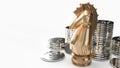 Gold knight chess and silver coins 3d rendering on white background for business content