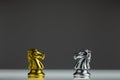 Gold knight chess and silver knight chess confront each other on transparent board. Chess knight head to head. Confrontation conce Royalty Free Stock Photo
