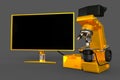 Gold lab microscope, control block and empty screen isolated, photorealistic 3d illustration of object with fictive design,