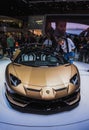 New Gold Lamborghini huracan. Exhibition Center in Geneva in 2019 Royalty Free Stock Photo