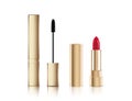 Gold lash mascara tube with brush and lipstick. Fashion make-up Vector illustration mock up