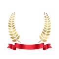 Gold laurel wreath with red ribbon, golden award with olive branch for winner Royalty Free Stock Photo