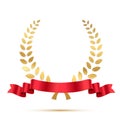 Gold laurel wreath with red ribbon, golden award with olive branch for winner Royalty Free Stock Photo