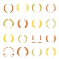 Gold laurel wreath - a symbol of the winner. Wheat ears or rice icons set. Royalty Free Stock Photo