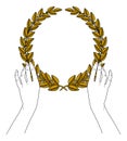 Gold laurel wreath. Woman holding gold laurel wreath isolated on white Royalty Free Stock Photo