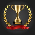 Gold laurels and trophy. Realistic winner 3d award emblem with ribbon and cup isolated vector background
