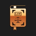 Gold Law book statute book with scales of justice icon isolated on black background. Long shadow style. Vector Royalty Free Stock Photo