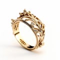 Ornate Gold Ring With Diamond Leaves - Inspired By Crown