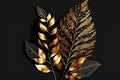 Gold leaves on black background, leaf feather on black background