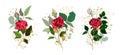 Gold leaves green tropical branch plants with red rose flowers wedding bouquet Royalty Free Stock Photo