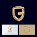 Gold letter G like a shield. G monogram. Emblem of antivirus or protection system.